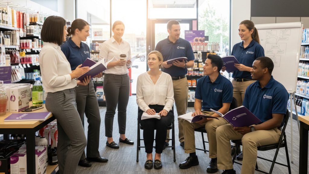 Staff-(both-office-and-retail)-chatting-during-an-in-store-training-break,-all-holdin-200973
