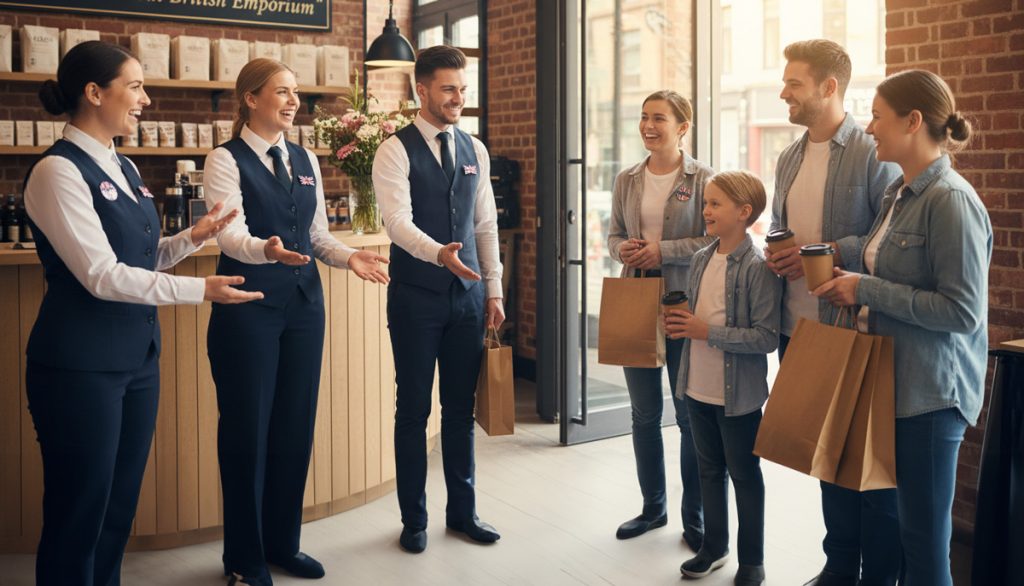 UK-Staff-greeting-happy-customers-500614 Welcome to the store